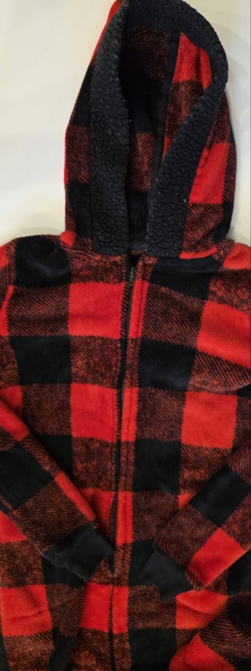 SO Red and Black Plaid Sherpa-Lined Hooded Pajama Onesie, Footless